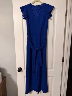 Blue Flutter Sleeve Tie-Waist Jumpsuit
